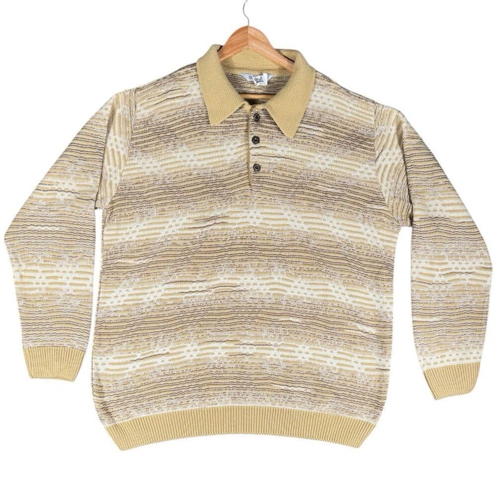 Vintage BERGATI SZ XXL Coogi Style 3D Knit Polo Sweater Bill Cosby Retro 90s Tan
